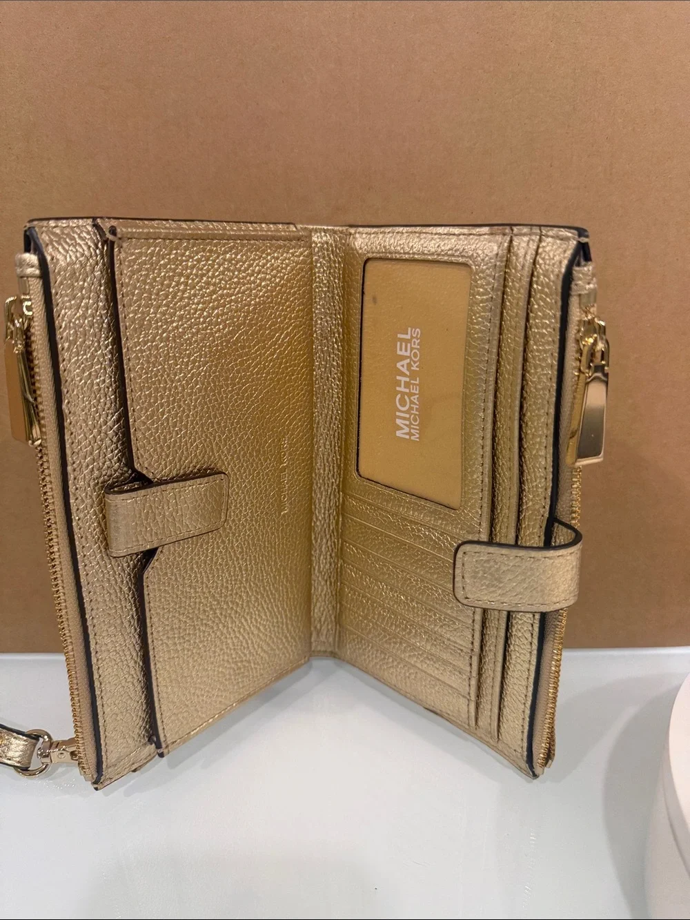 Michael Kors Metallic Gold Leather Wristlet Clutch new with tag women
